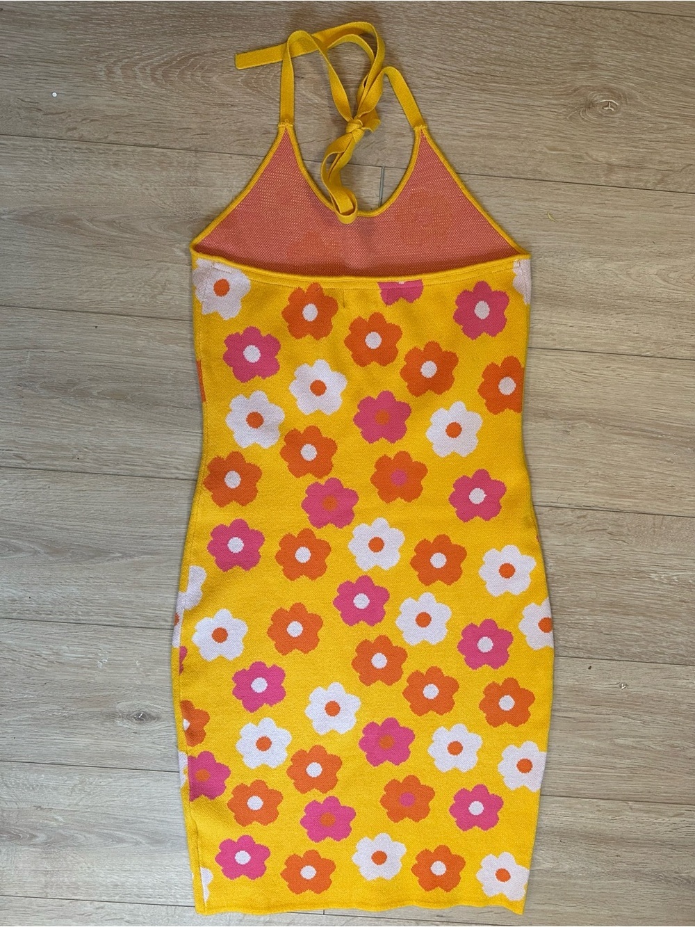 Hippie Retro Floral Yellow Bodycon Midi Boho sweater Halter Top Dress - Women's - Picture 3 of 7